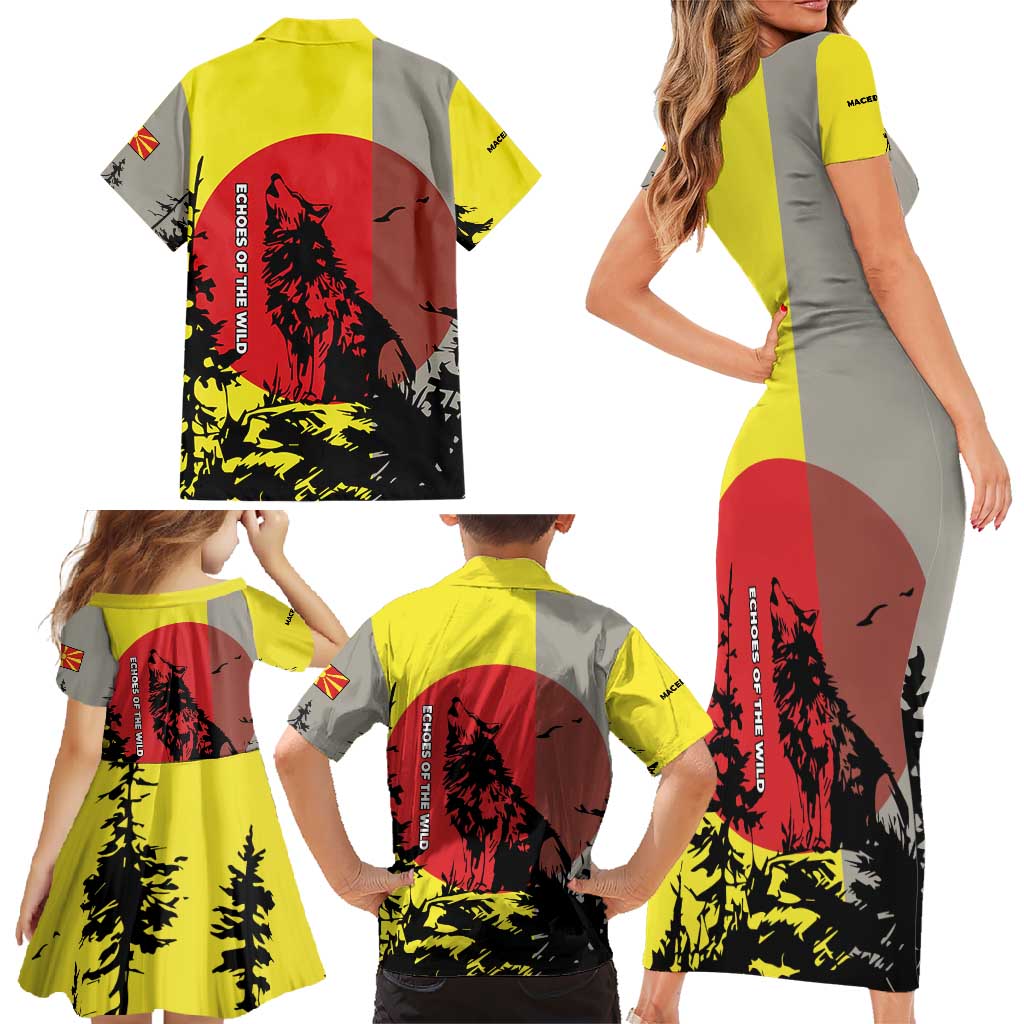 Macedonia Family Matching Short Sleeve Bodycon Dress and Hawaiian Shirt with Howling Wolf and Sunset Forest Design - Wonder Print Shop