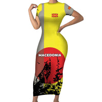 Macedonia Family Matching Short Sleeve Bodycon Dress and Hawaiian Shirt with Howling Wolf and Sunset Forest Design - Wonder Print Shop