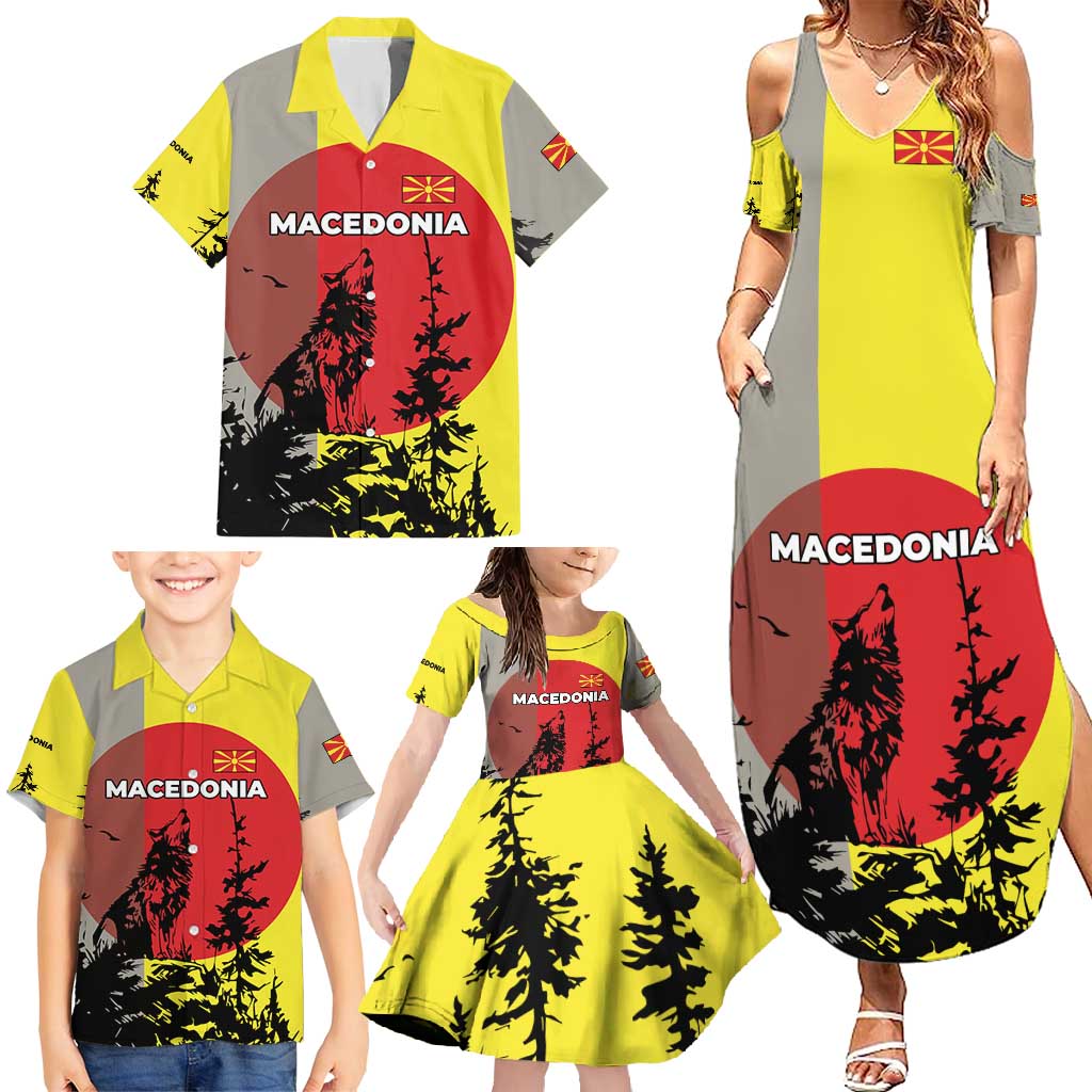 Macedonia Family Matching Summer Maxi Dress and Hawaiian Shirt with Howling Wolf and Sunset Forest Design - Wonder Print Shop