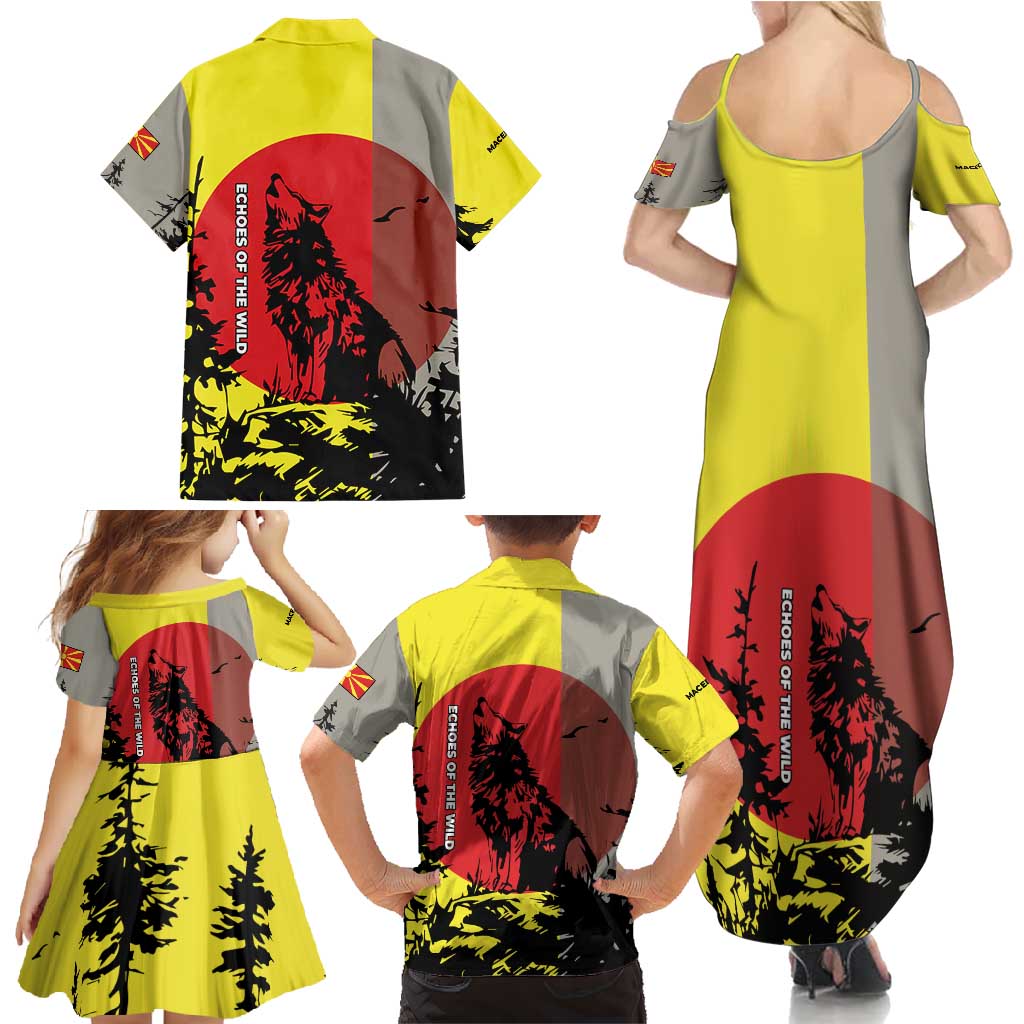Macedonia Family Matching Summer Maxi Dress and Hawaiian Shirt with Howling Wolf and Sunset Forest Design - Wonder Print Shop