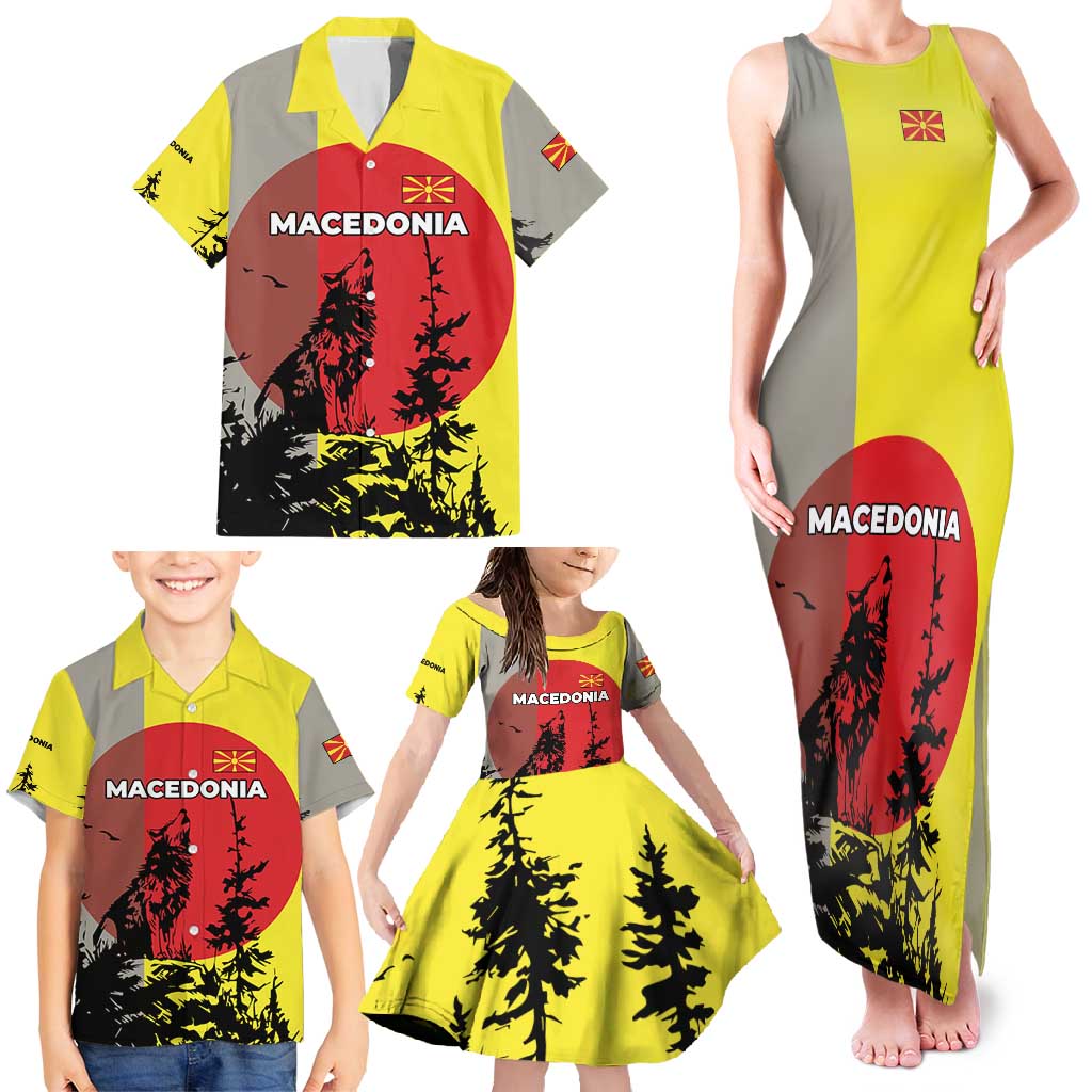 Macedonia Family Matching Tank Maxi Dress and Hawaiian Shirt with Howling Wolf and Sunset Forest Design - Wonder Print Shop