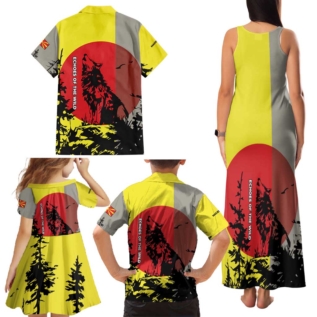 Macedonia Family Matching Tank Maxi Dress and Hawaiian Shirt with Howling Wolf and Sunset Forest Design - Wonder Print Shop