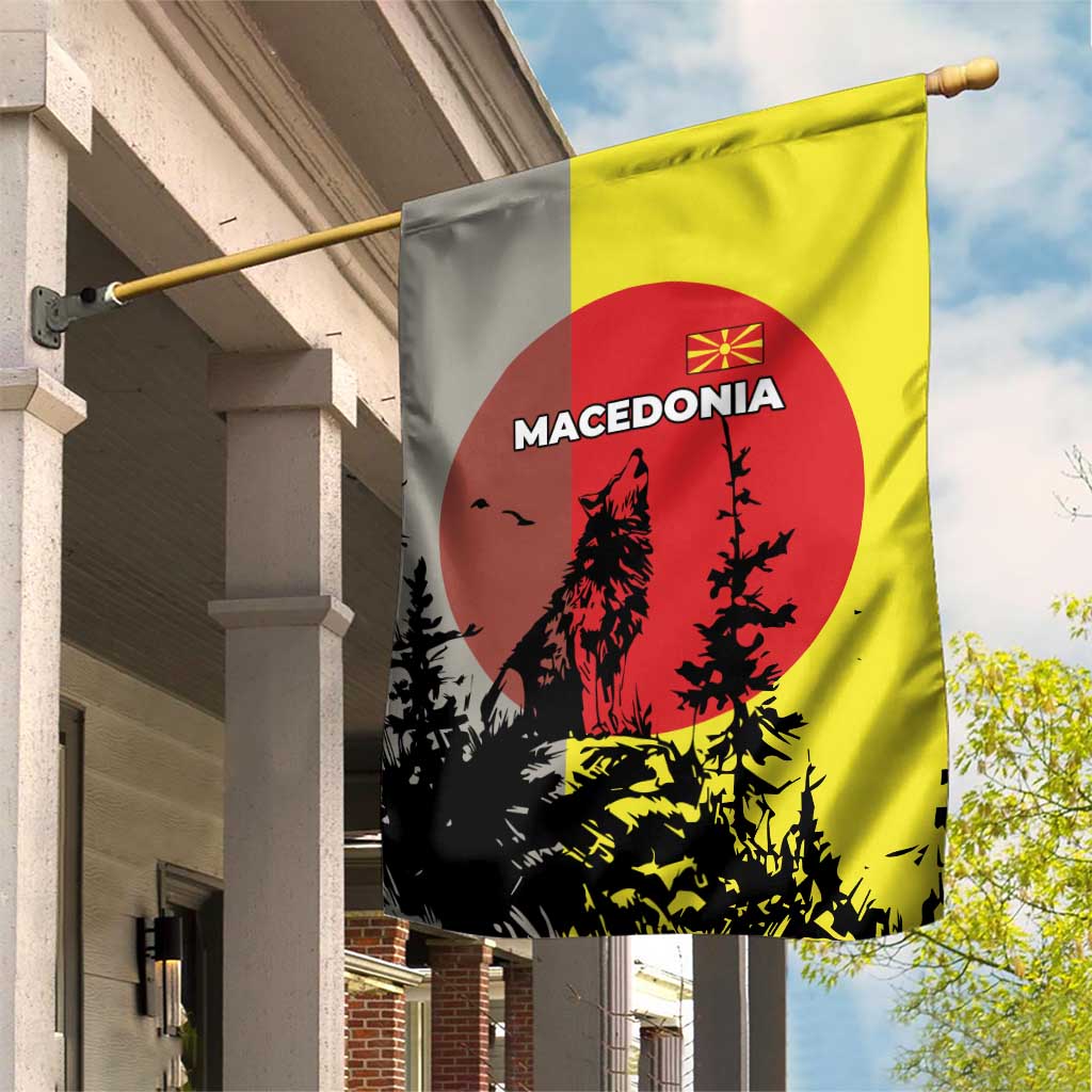Macedonia Garden Flag with Howling Wolf and Sunset Forest Design - Wonder Print Shop