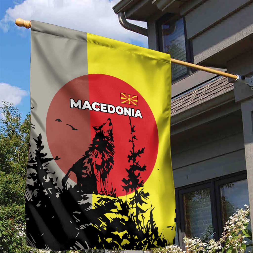 Macedonia Garden Flag with Howling Wolf and Sunset Forest Design - Wonder Print Shop