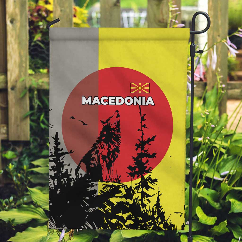 Macedonia Garden Flag with Howling Wolf and Sunset Forest Design - Wonder Print Shop