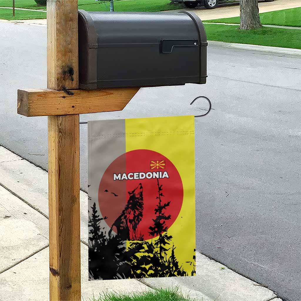 Macedonia Garden Flag with Howling Wolf and Sunset Forest Design - Wonder Print Shop