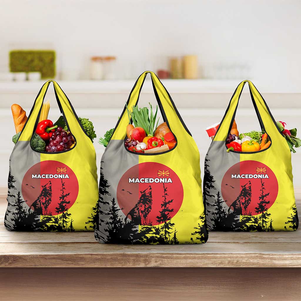 Macedonia Grocery Bag with Howling Wolf and Sunset Forest Design - Wonder Print Shop