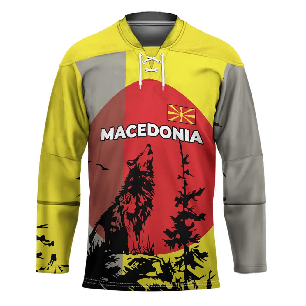 Macedonia Hockey Jersey with Howling Wolf and Sunset Forest Design - Wonder Print Shop
