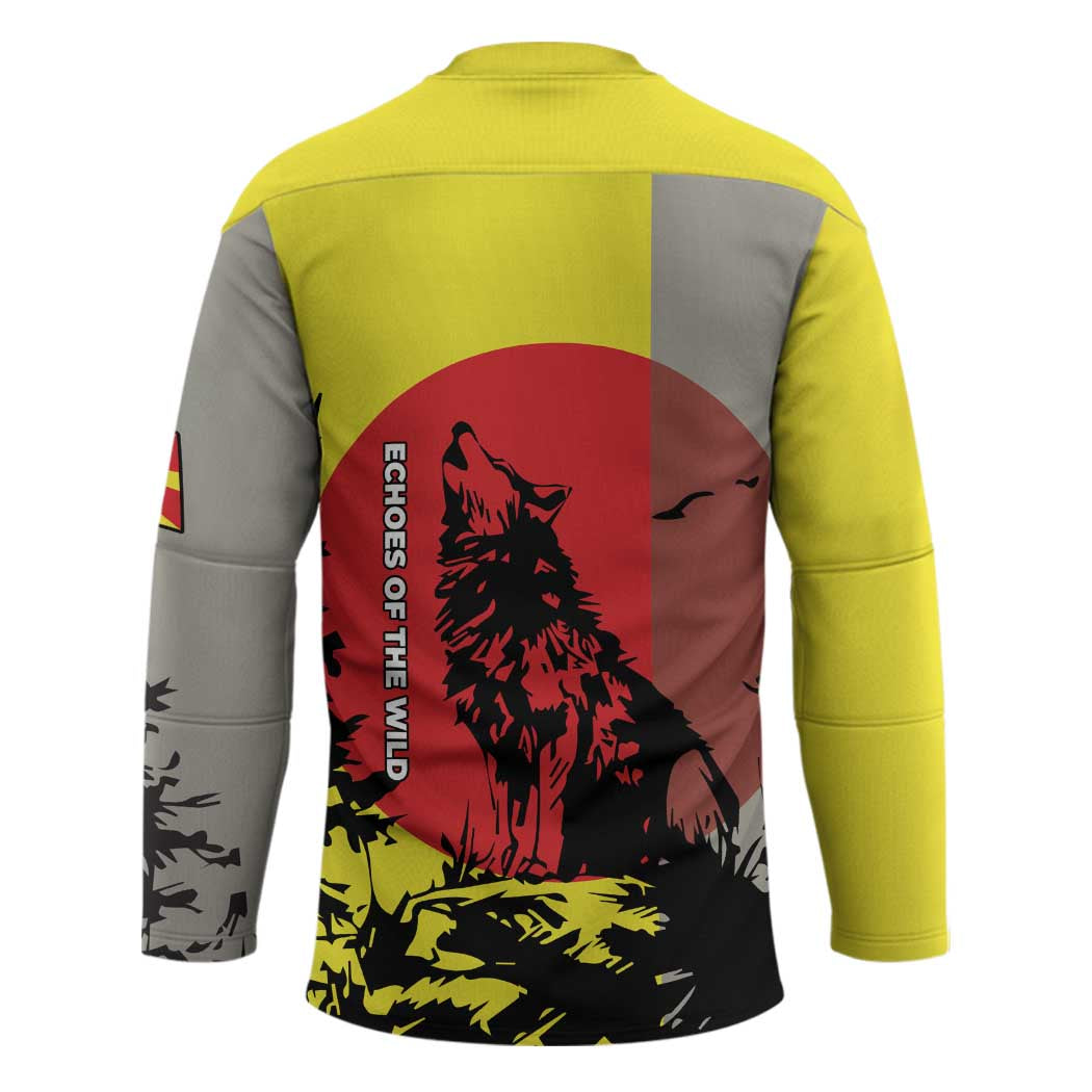 Macedonia Hockey Jersey with Howling Wolf and Sunset Forest Design - Wonder Print Shop