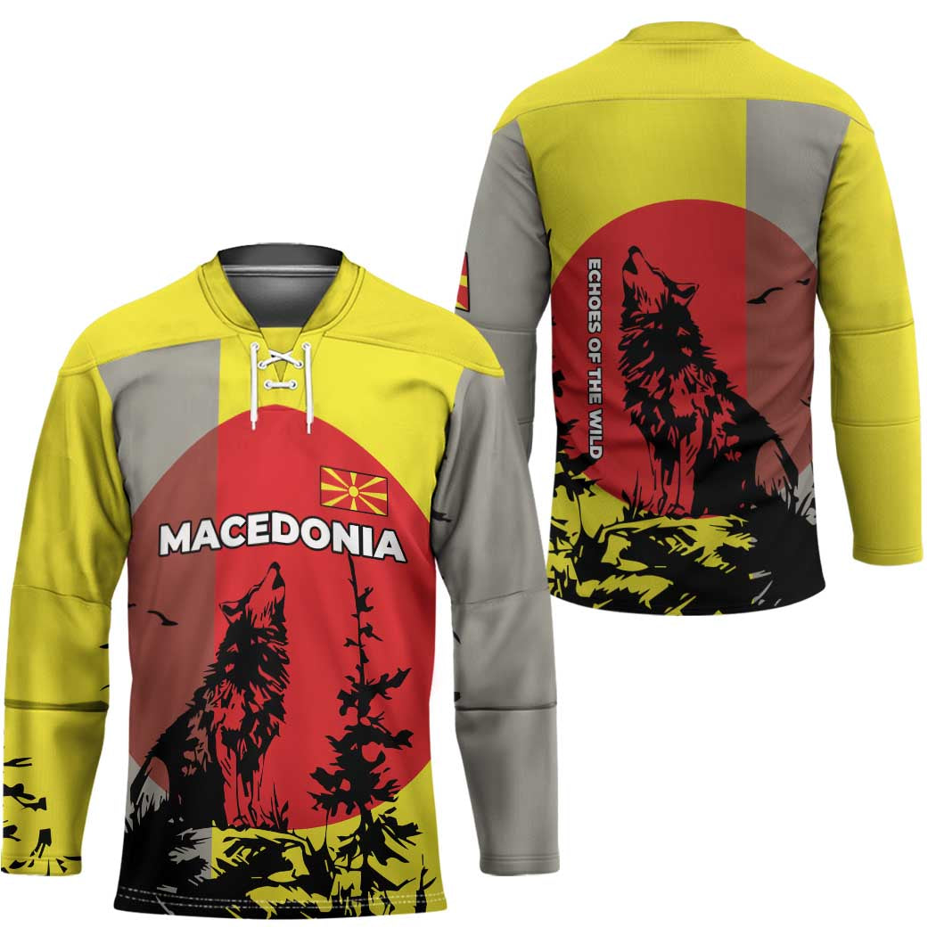 Macedonia Hockey Jersey with Howling Wolf and Sunset Forest Design - Wonder Print Shop