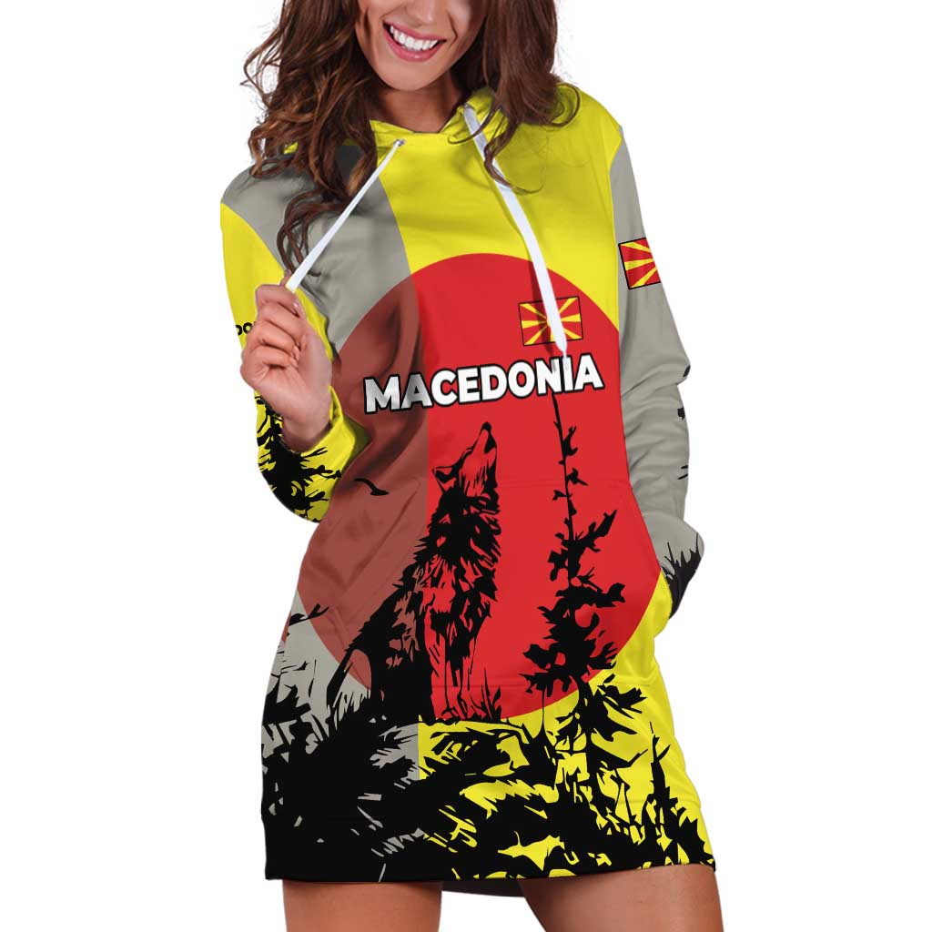 Macedonia Hoodie Dress with Howling Wolf and Sunset Forest Design - Wonder Print Shop