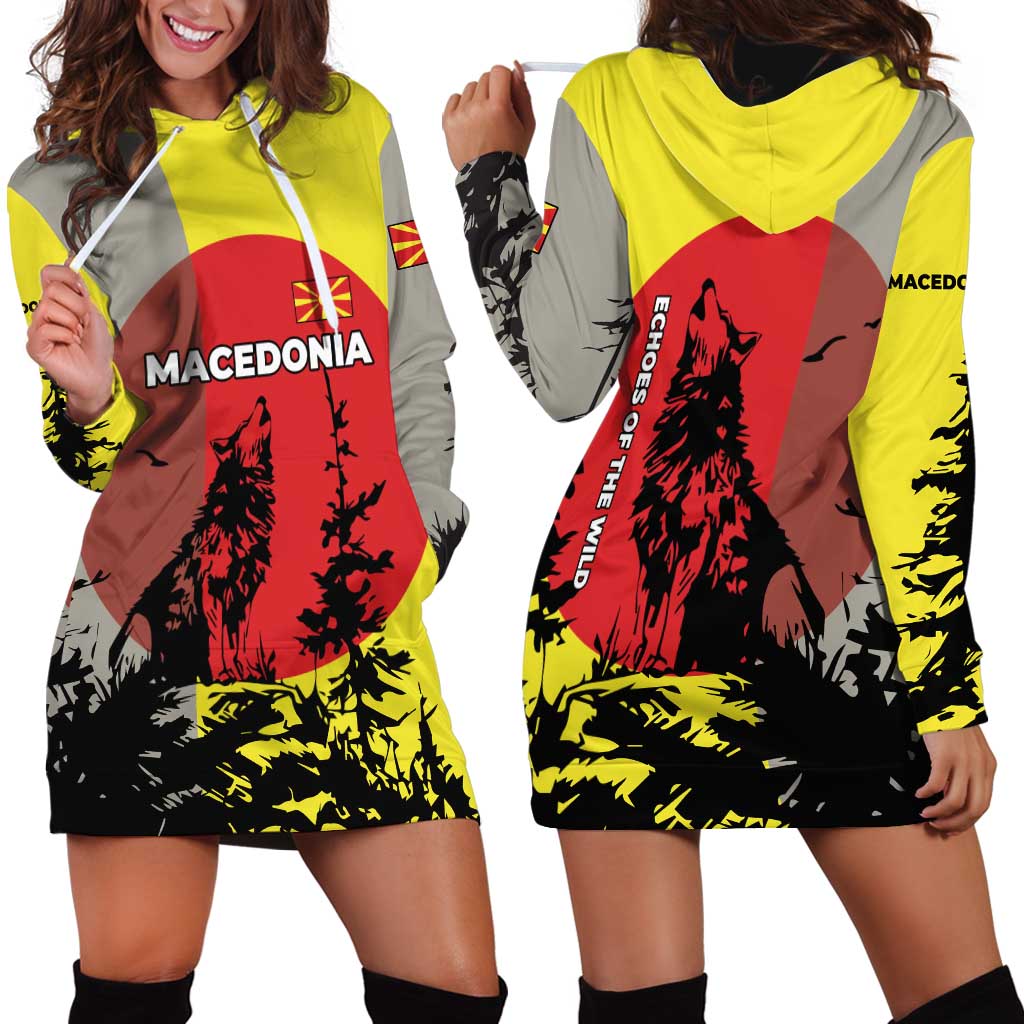 Macedonia Hoodie Dress with Howling Wolf and Sunset Forest Design - Wonder Print Shop