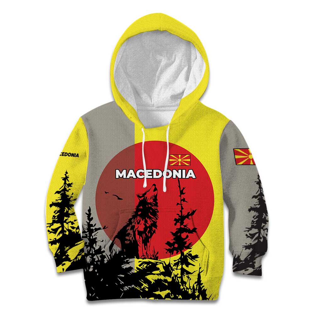 Macedonia Kid Hoodie with Howling Wolf and Sunset Forest Design - Wonder Print Shop