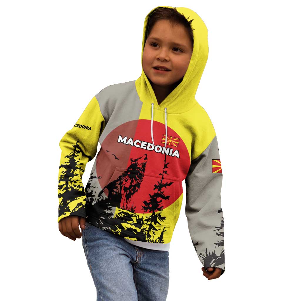 Macedonia Kid Hoodie with Howling Wolf and Sunset Forest Design - Wonder Print Shop
