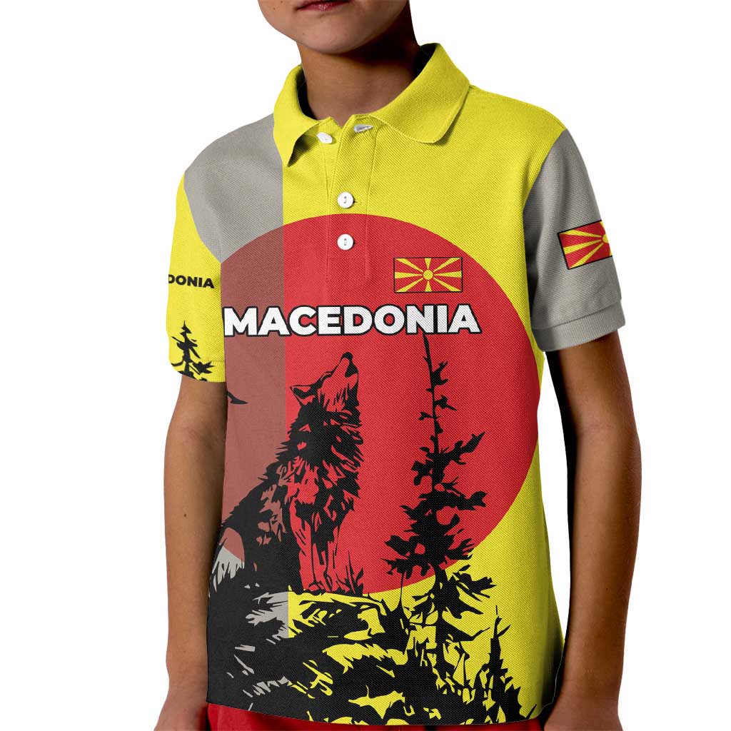 Macedonia Kid Polo Shirt with Howling Wolf and Sunset Forest Design - Wonder Print Shop