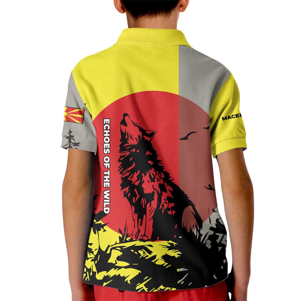 Macedonia Kid Polo Shirt with Howling Wolf and Sunset Forest Design - Wonder Print Shop