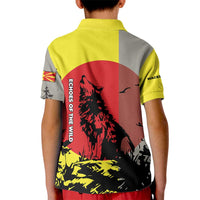 Macedonia Kid Polo Shirt with Howling Wolf and Sunset Forest Design - Wonder Print Shop