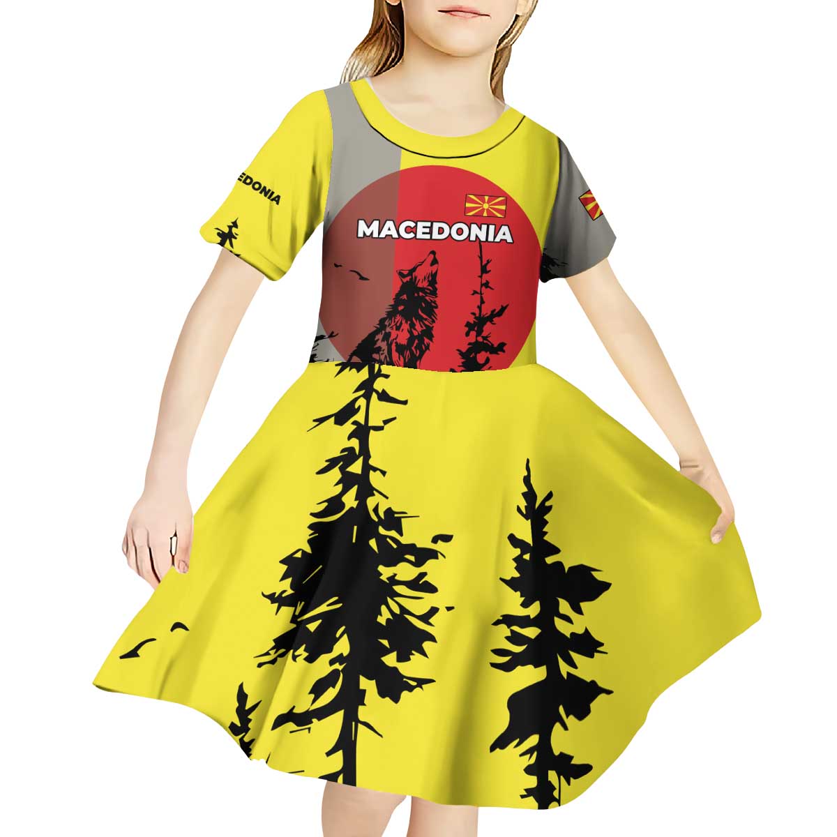 Macedonia Kid Short Sleeve Dress with Howling Wolf and Sunset Forest Design - Wonder Print Shop