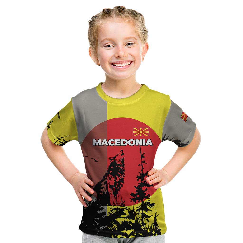 Macedonia Kid T Shirt with Howling Wolf and Sunset Forest Design - Wonder Print Shop