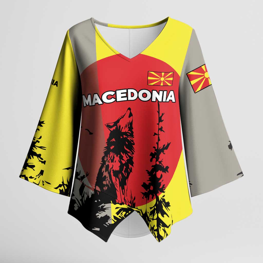Macedonia Kimono Sleeve Blouse with Howling Wolf and Sunset Forest Design - Wonder Print Shop