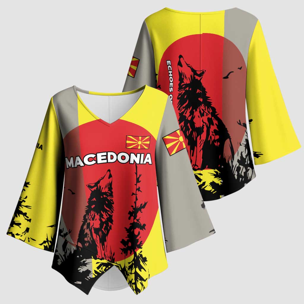 Macedonia Kimono Sleeve Blouse with Howling Wolf and Sunset Forest Design - Wonder Print Shop