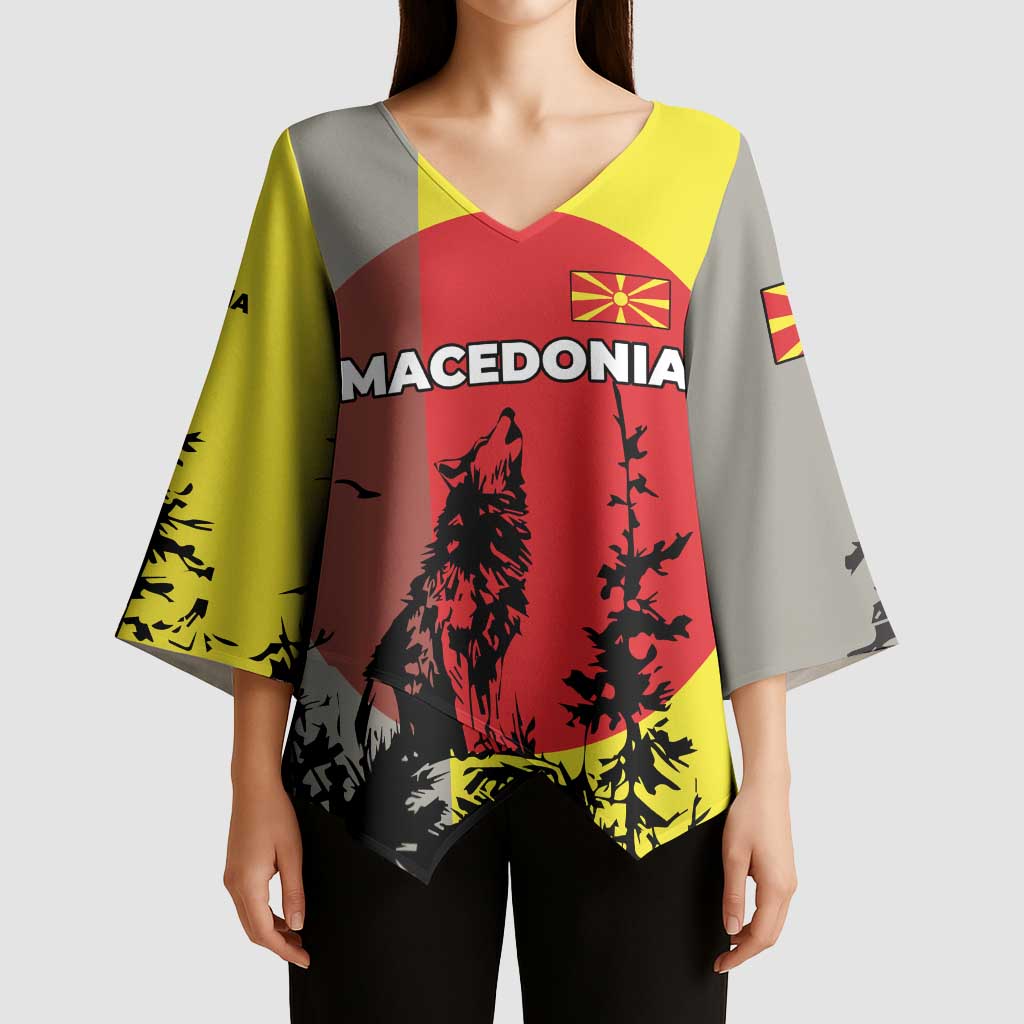 Macedonia Kimono Sleeve Blouse with Howling Wolf and Sunset Forest Design - Wonder Print Shop