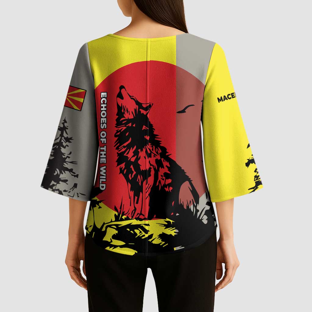 Macedonia Kimono Sleeve Blouse with Howling Wolf and Sunset Forest Design - Wonder Print Shop