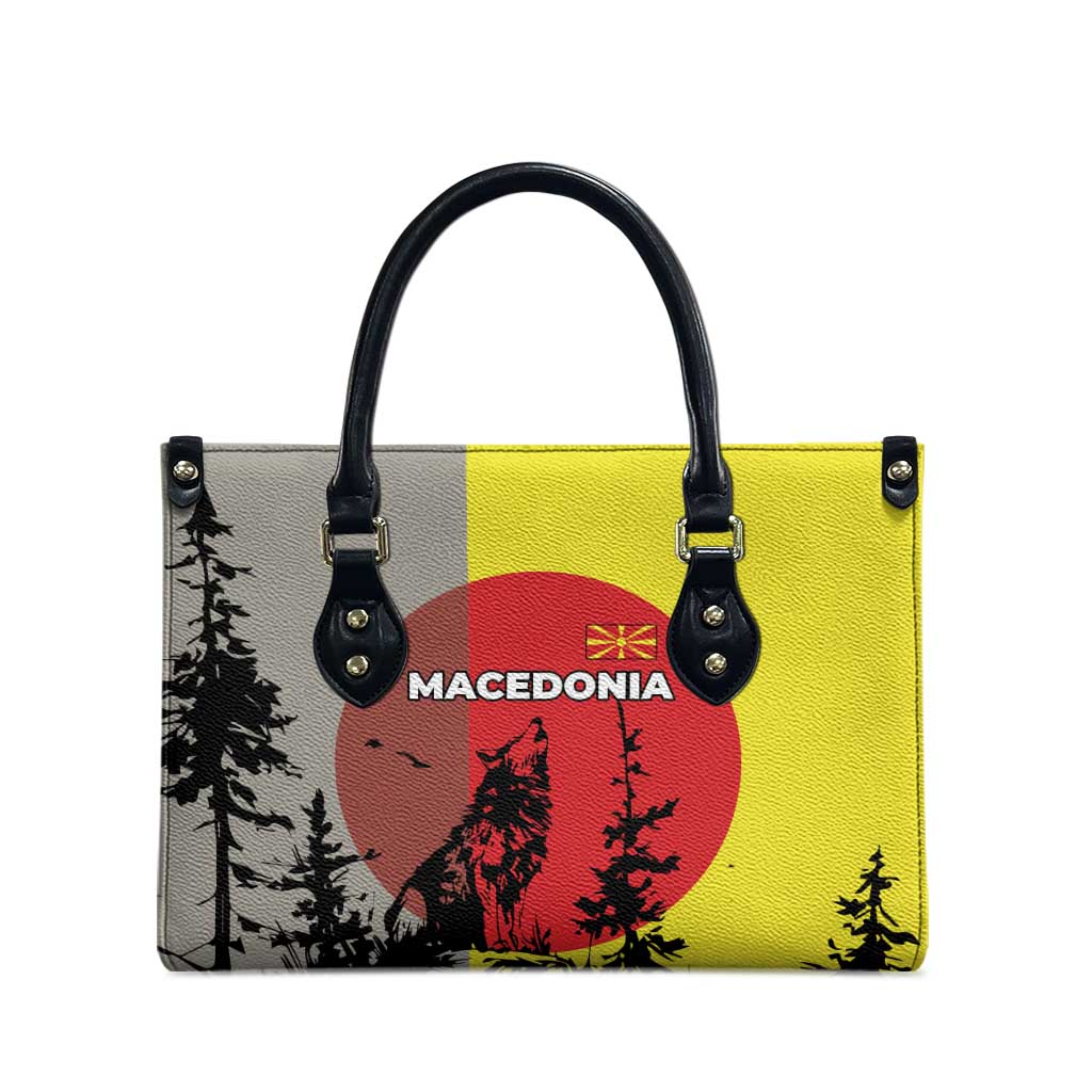Macedonia Leather Bag with Howling Wolf and Sunset Forest Design - Wonder Print Shop