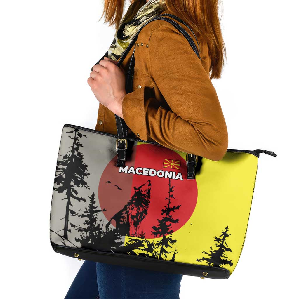 Macedonia Leather Tote Bag with Howling Wolf and Sunset Forest Design - Wonder Print Shop