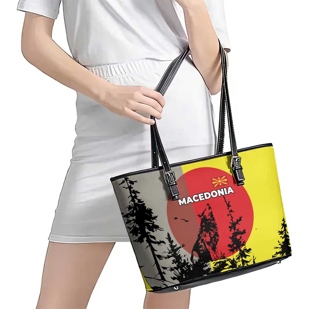 Macedonia Leather Tote Bag with Howling Wolf and Sunset Forest Design - Wonder Print Shop