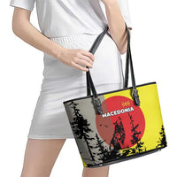 Macedonia Leather Tote Bag with Howling Wolf and Sunset Forest Design - Wonder Print Shop