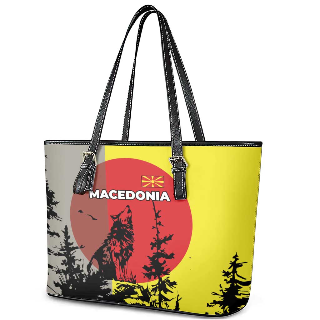 Macedonia Leather Tote Bag with Howling Wolf and Sunset Forest Design - Wonder Print Shop