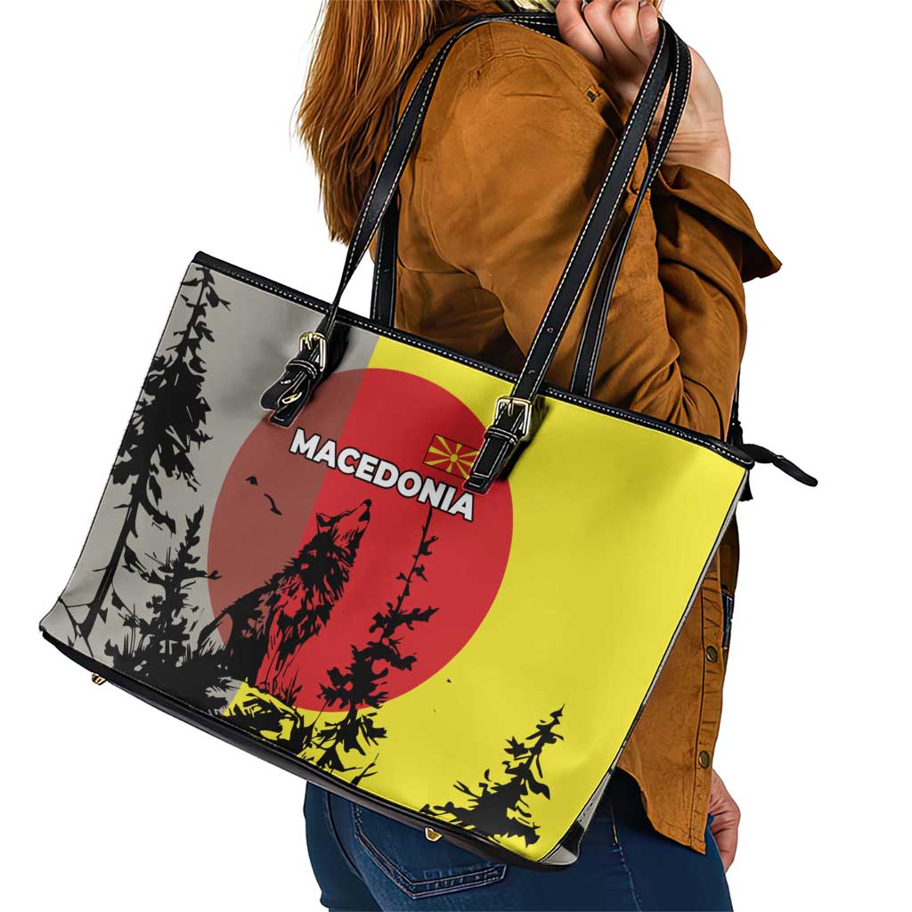 Macedonia Leather Tote Bag with Howling Wolf and Sunset Forest Design - Wonder Print Shop