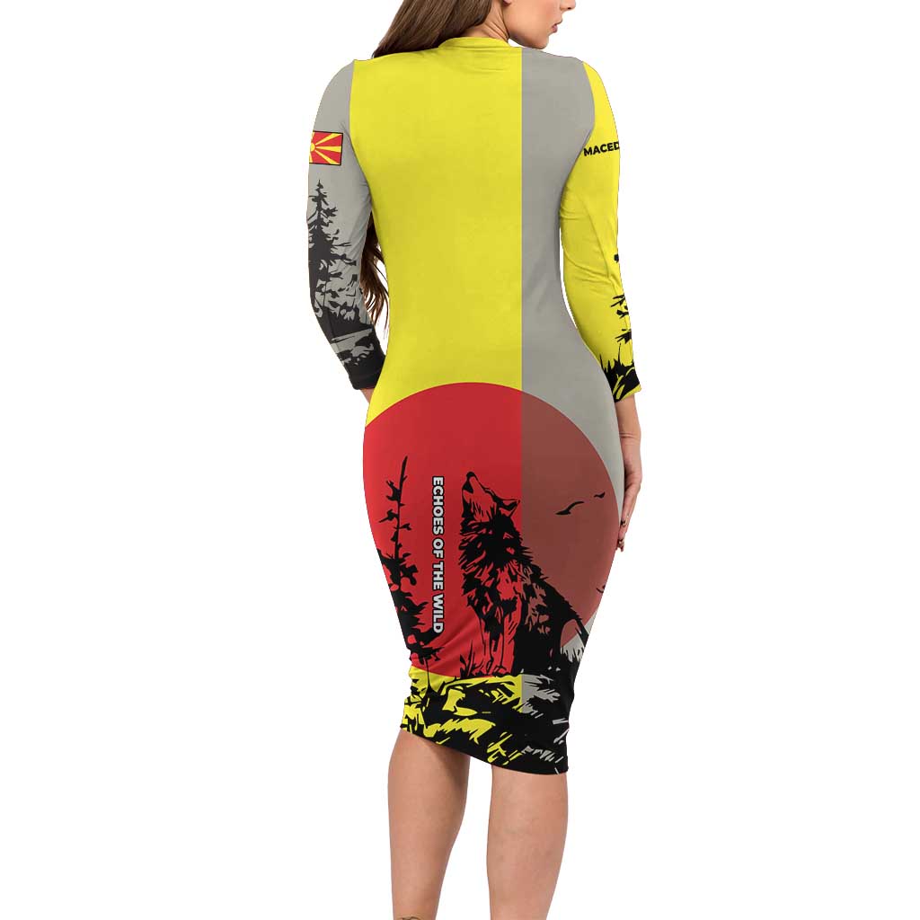 Macedonia Long Sleeve Bodycon Dress with Howling Wolf and Sunset Forest Design - Wonder Print Shop