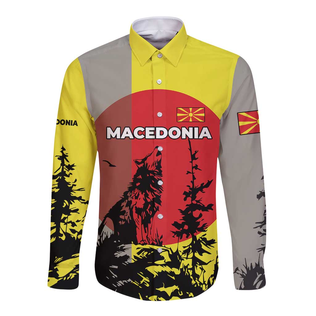 Macedonia Long Sleeve Button Shirt with Howling Wolf and Sunset Forest Design - Wonder Print Shop