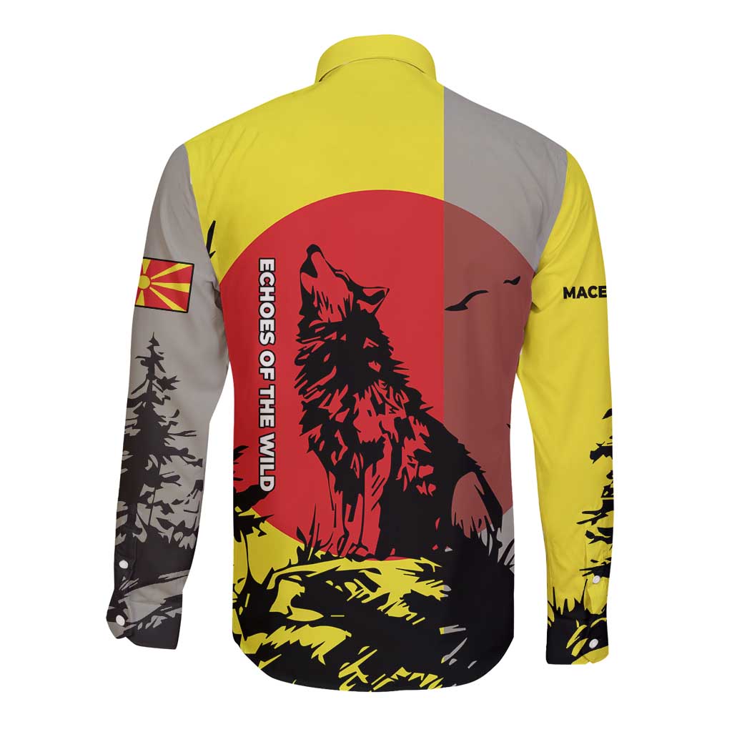 Macedonia Long Sleeve Button Shirt with Howling Wolf and Sunset Forest Design - Wonder Print Shop