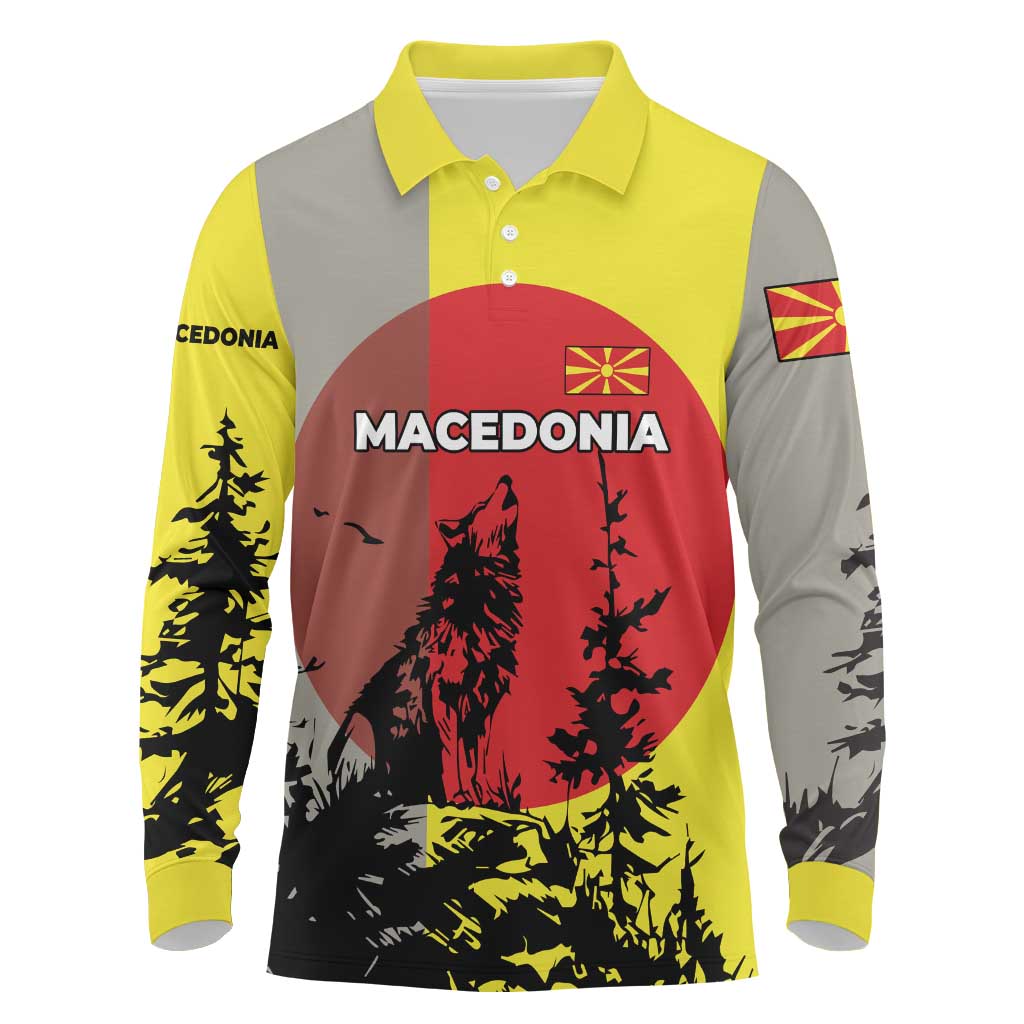 Macedonia Long Sleeve Polo Shirt with Howling Wolf and Sunset Forest Design - Wonder Print Shop