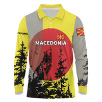Macedonia Long Sleeve Polo Shirt with Howling Wolf and Sunset Forest Design - Wonder Print Shop