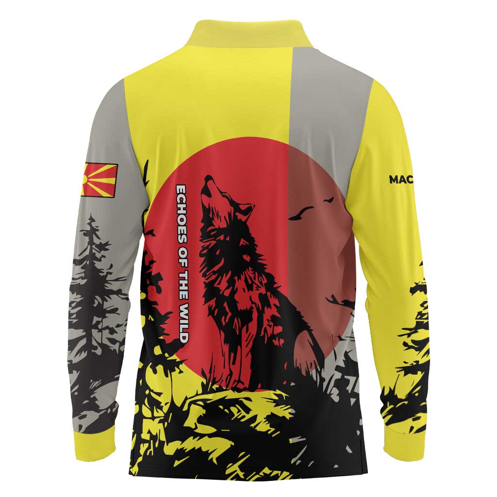 Macedonia Long Sleeve Polo Shirt with Howling Wolf and Sunset Forest Design - Wonder Print Shop