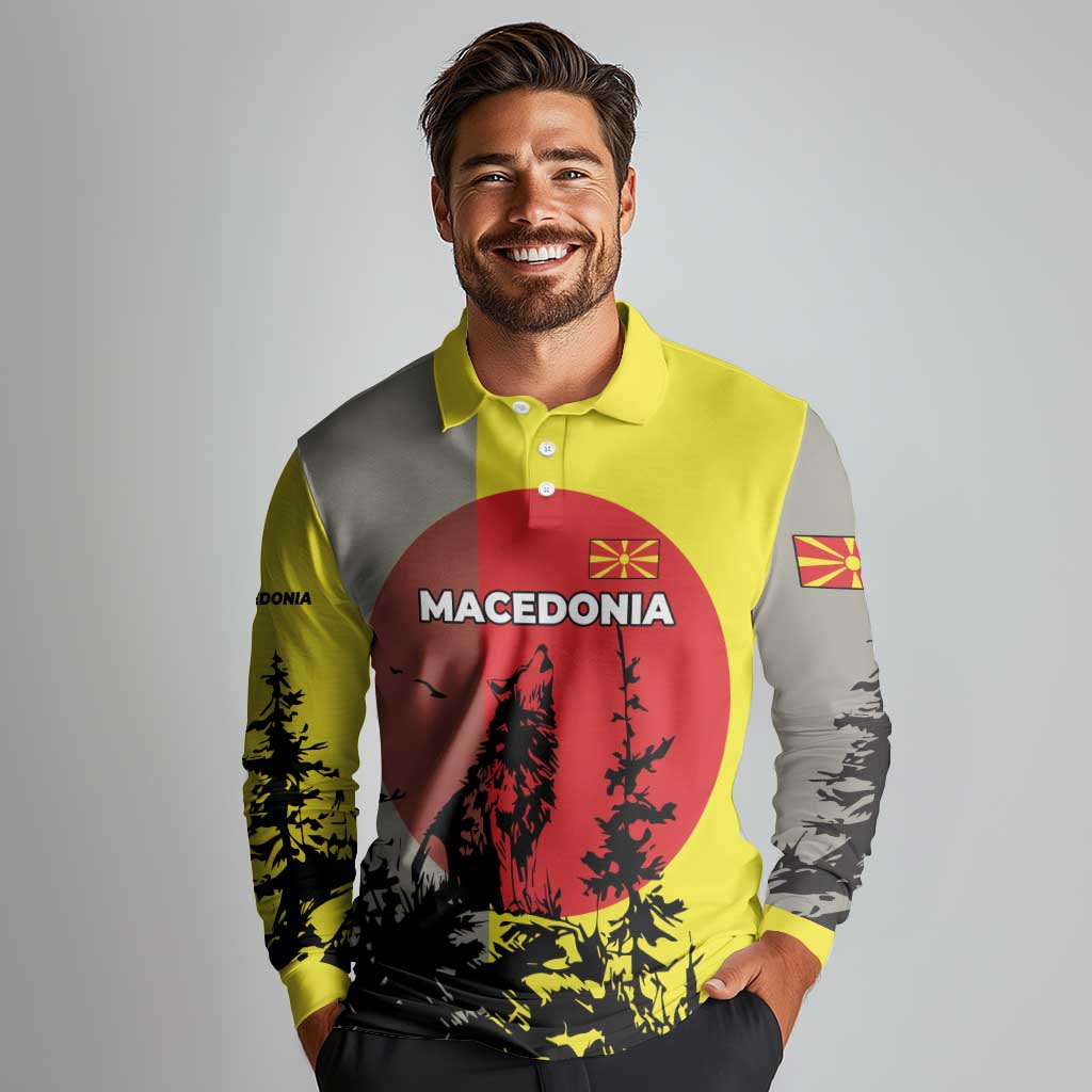 Macedonia Long Sleeve Polo Shirt with Howling Wolf and Sunset Forest Design - Wonder Print Shop