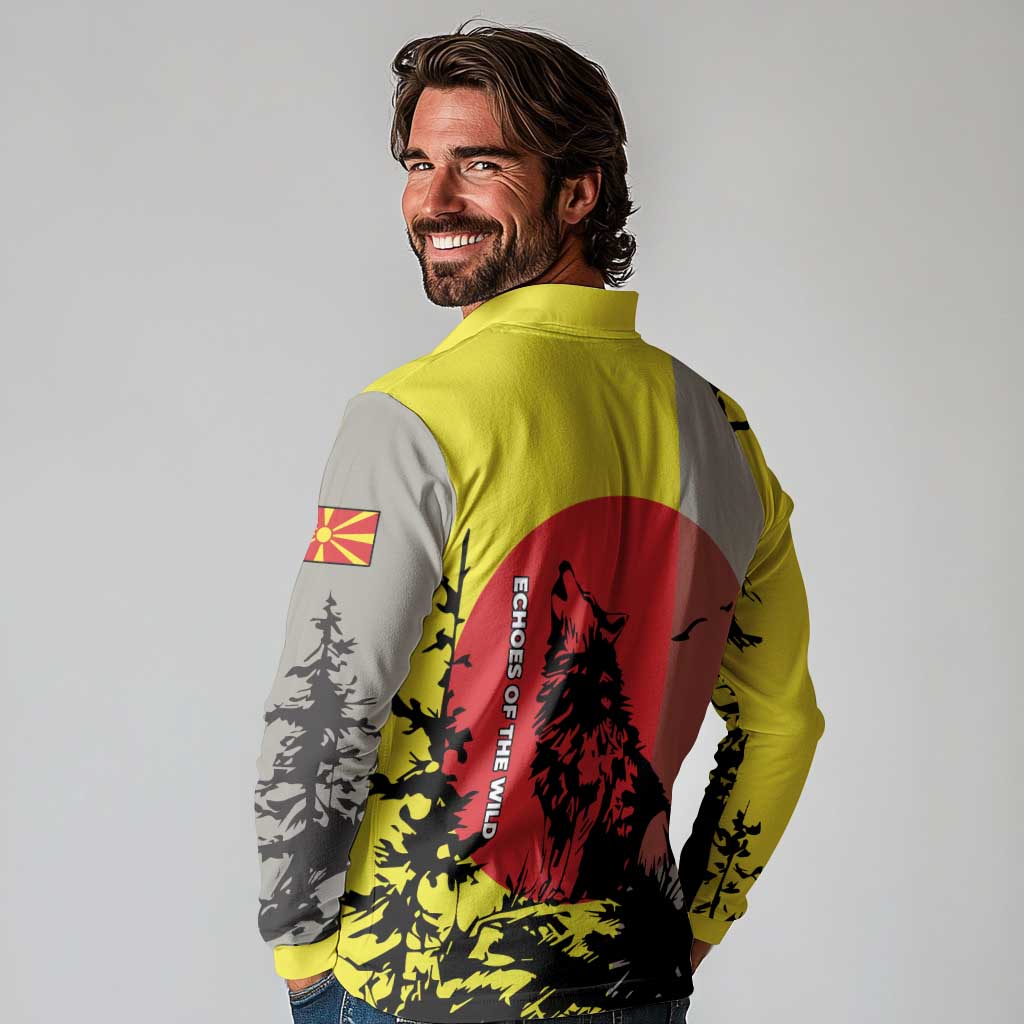 Macedonia Long Sleeve Polo Shirt with Howling Wolf and Sunset Forest Design - Wonder Print Shop
