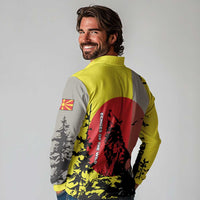 Macedonia Long Sleeve Polo Shirt with Howling Wolf and Sunset Forest Design - Wonder Print Shop