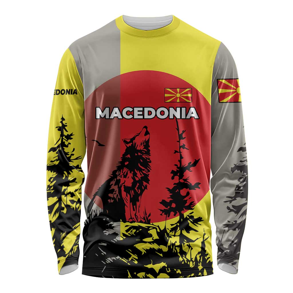 Macedonia Long Sleeve Shirt with Howling Wolf and Sunset Forest Design - Wonder Print Shop
