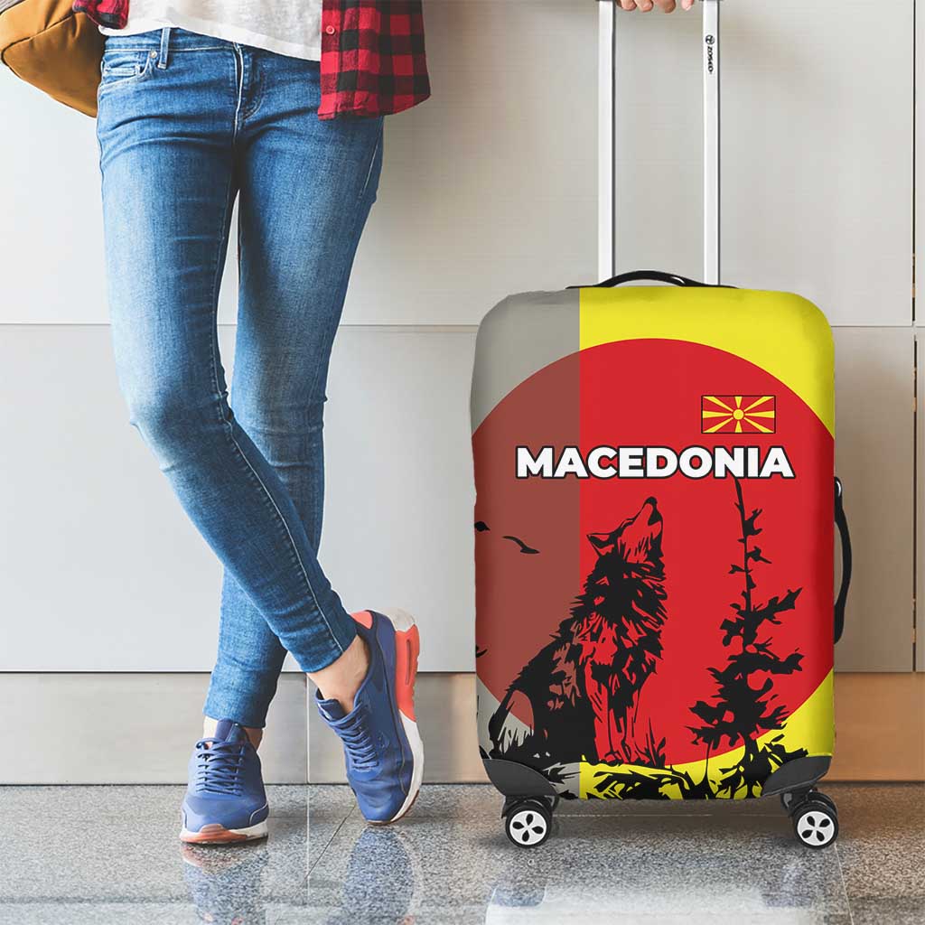 Macedonia Luggage Cover with Howling Wolf and Sunset Forest Design - Wonder Print Shop