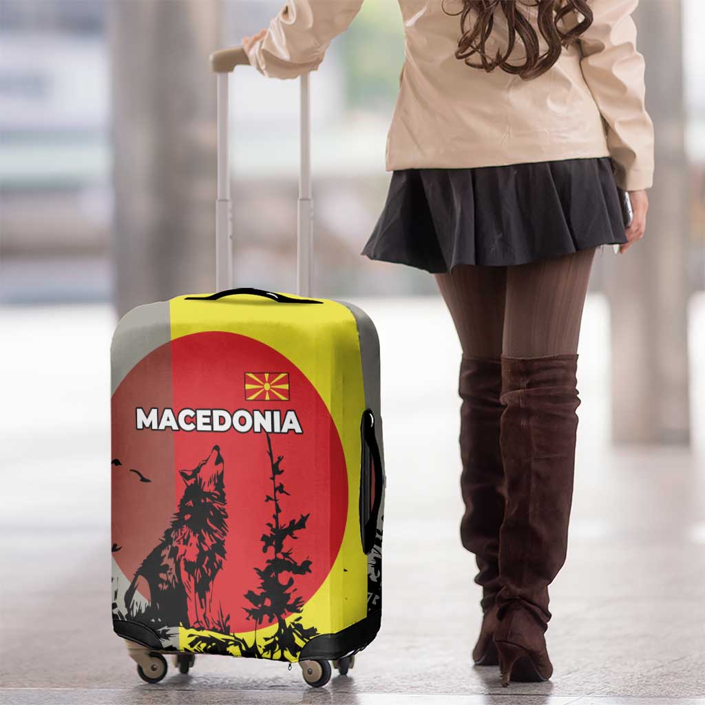 Macedonia Luggage Cover with Howling Wolf and Sunset Forest Design - Wonder Print Shop