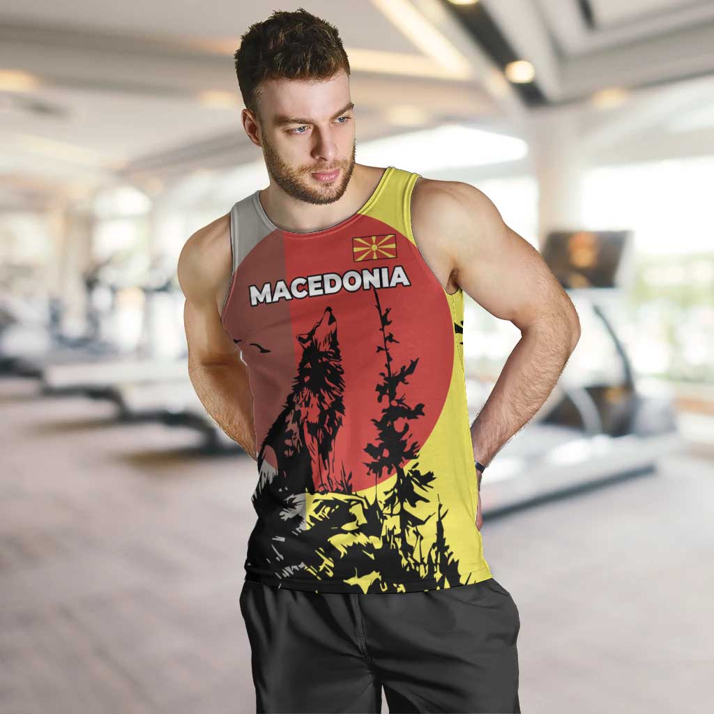 Macedonia Men Tank Top with Howling Wolf and Sunset Forest Design - Wonder Print Shop