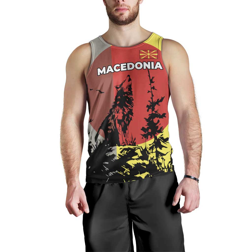 Macedonia Men Tank Top with Howling Wolf and Sunset Forest Design - Wonder Print Shop