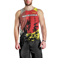 Macedonia Men Tank Top with Howling Wolf and Sunset Forest Design - Wonder Print Shop