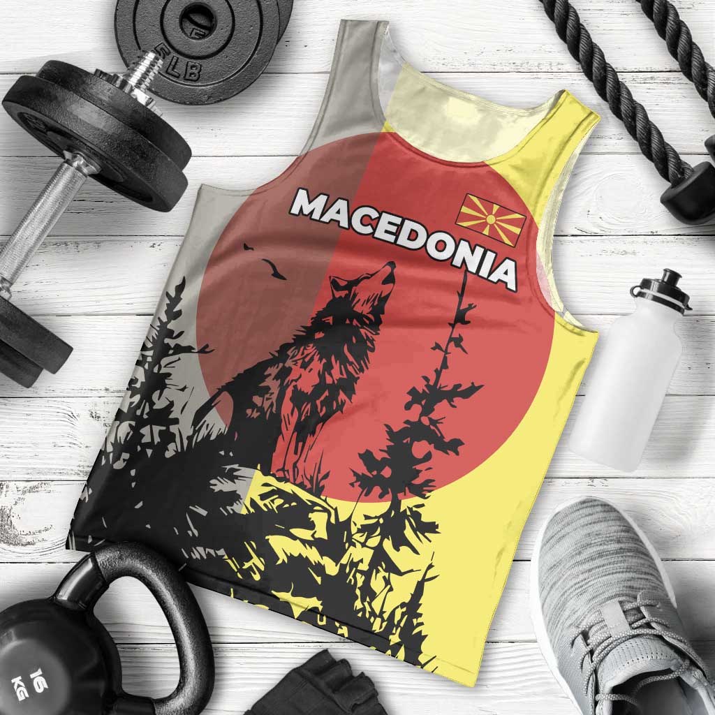 Macedonia Men Tank Top with Howling Wolf and Sunset Forest Design - Wonder Print Shop
