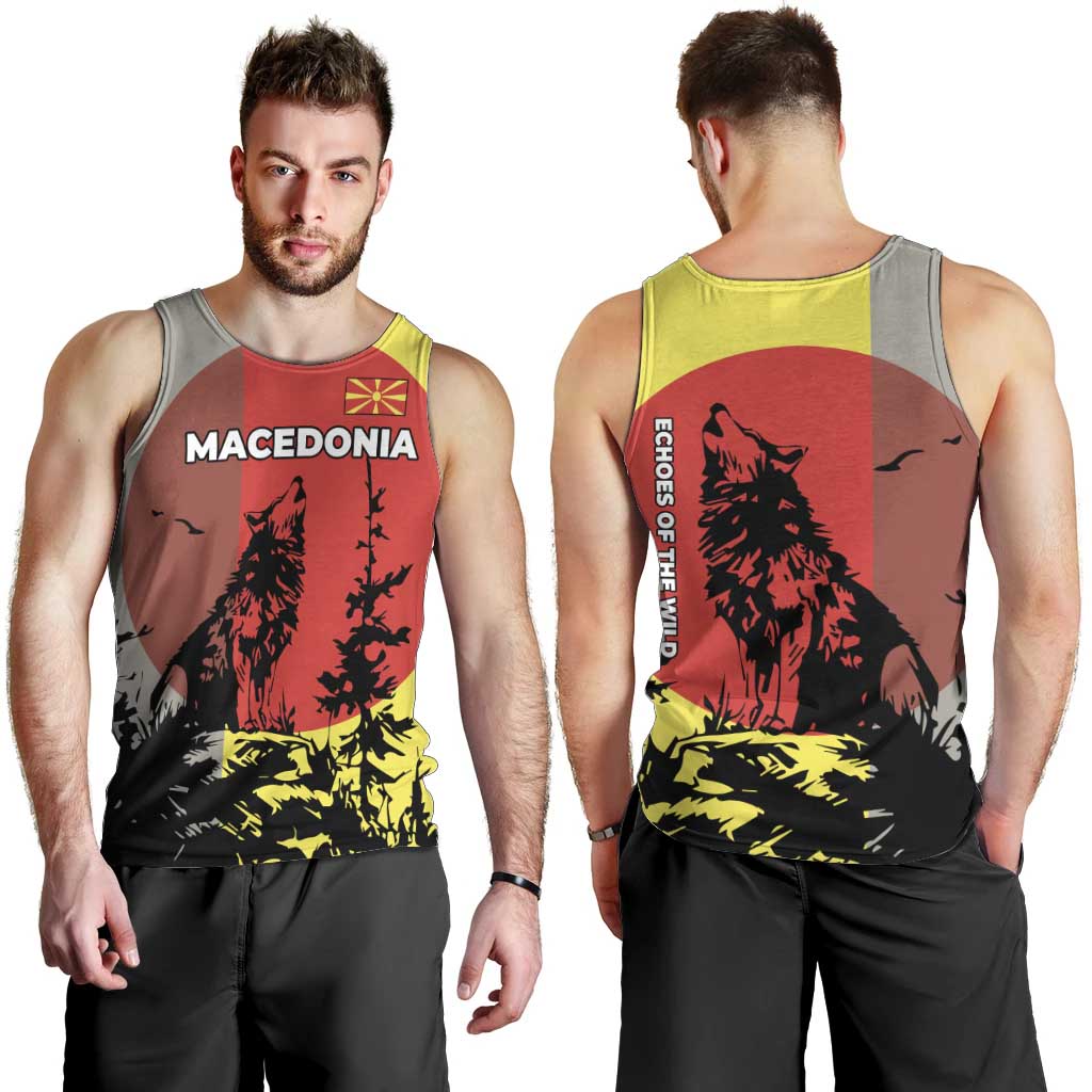 Macedonia Men Tank Top with Howling Wolf and Sunset Forest Design - Wonder Print Shop